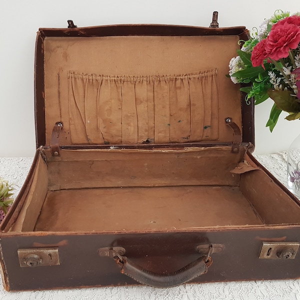 Vintage Mid Century Brown Leather Suitcase, Theatrical Prop, Restoration Project