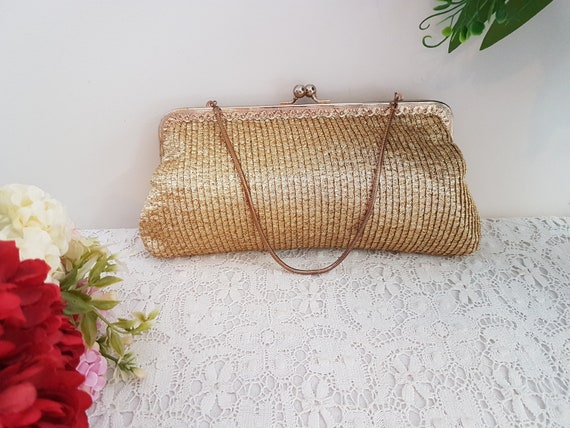 Vintage 60s Gold Lame Fabric Evening Bag, Mid Cen… - image 1