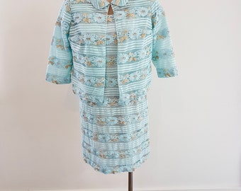 Vintage 60s Blue Lace and Lurex Dress Jacket Set Ensemble - Stephen Glass Size 10