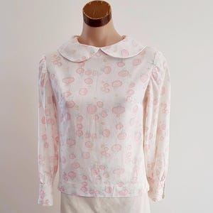 Vintage 60s Pastel Pink Floral Blouse with Peter Pan Collar, Australian Handmade Size 10