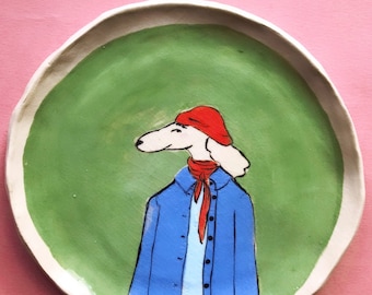 Cool doggo dish, handmade & hand painted ceramic dog plate, ceramics