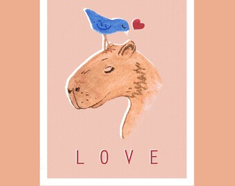 Love A4 Kunstdruck mit einem süßen Capybara und Vogelfreund und rosa Hintergrund