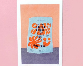 Mini Riso Print 12 x 8 cm (4.7 x3.15 in), Limited Edition. Vegan Cheese Plant Based Food Packaging Risography Fan Art