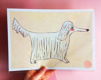 May include: A white dog with long hair is illustrated in a cartoon style on a cream-colored background. The dog has a long snout and a long, flowing tail. The image is printed on 100% recycled paper.