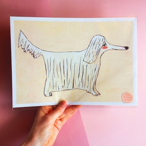 Impresión de arte de perro tímido A4. Arte ilustrado de la pared del perro, póster, regalo para los amantes de los perros. Maltés, caniche, Coton de Tulear, komodor, habanero, sabueso afgano