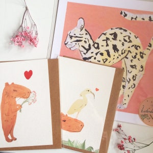 Conjunto de impresión de arte de gato exótico + 2 tarjetas de carpincho, lindo regalo de Navidad para amantes de los animales