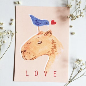 Capybara & Bird Postcard / eco friendly / carta neutra, amore, carino