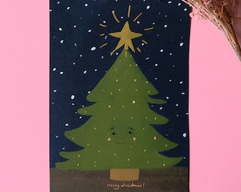 Cute Christmas card, printed on eco-friendly paper. Sweet kawaii starry night illustrated Christmas tree