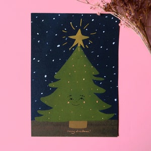Cute Christmas card, printed on eco friendly paper. Sweet kawaii starry night illustrated Christmas tree