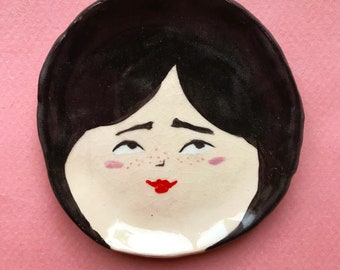 ceramic girl dish, handpainted face ring dish / handmade ceramics / jewelry trinket dish
