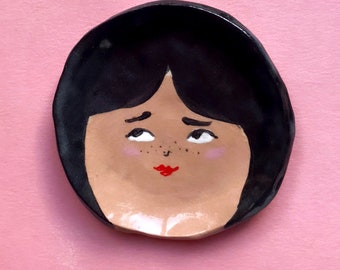 ceramic girl dish, handpainted face ring dish / women of color / decorative trinket dish