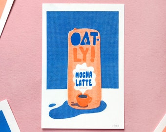 Limited Edition Mini Riso Print 12 x 8 cm (4.7 x3.15 in), Vegan Food Packaging Oat Milk Oaty Fan Art