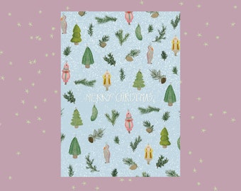 Illustrated merry christmas card, cute holiday card with tiny christmas ornaments, pine cones and branches