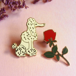Poodle & rose enamel pin set, hard enamel pin, badge or brooch, cute dog and flower pin image 1