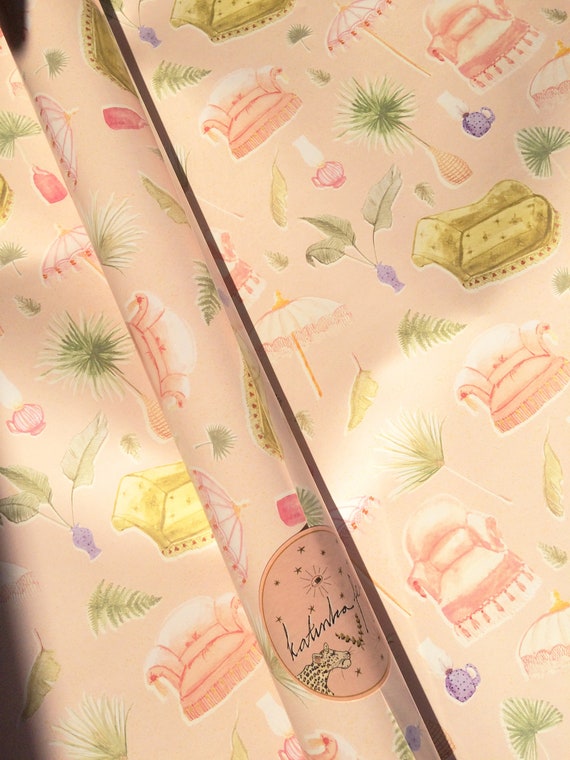 pink gift wrap with vintage furniture and exotic plants