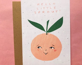 Hello Little Sprout postcard on 100% recycled sustainable paper, newborn baby gender-neutral card