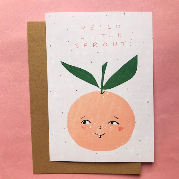 Hello Little Sprout postcard on 100% recycled sustainable paper, newborn baby gender-neutral card