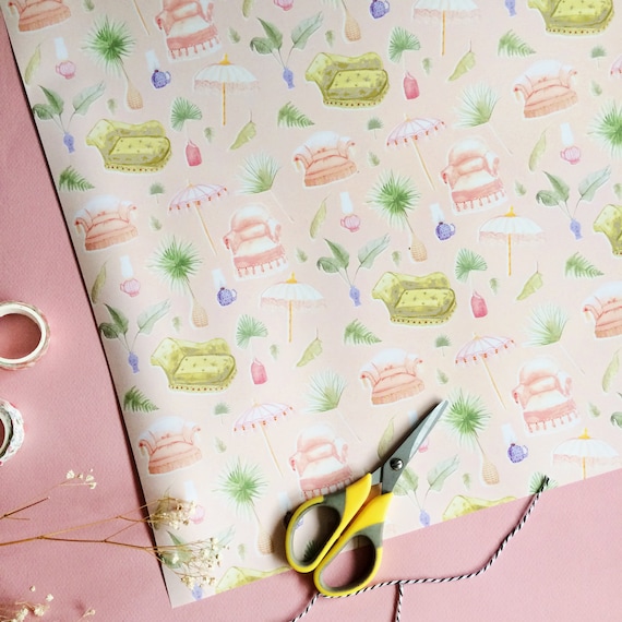 pink gift wrap with vintage furniture & exotic plants