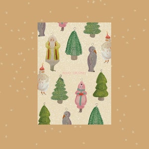 Illustrated merry christmas card, cute holiday card, modern christmas postcard, christmas ornament illustrations