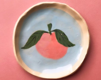 ceramic peach dish bright blue, cute handpainted dish or snack platter