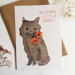 Newborn Baby Postcard (Stock Sale) - cat with flowers for pregnancy / new born baby welcome neutral card!
