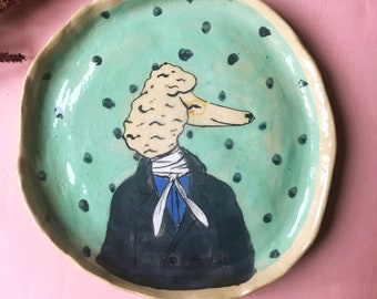 ceramic poodle dish, hand painted plate (fathers day gift idea)