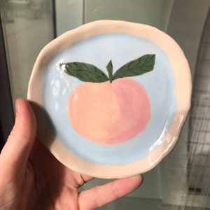 ceramic peach dish blue, hand painted ring dish / snack plate / decorative trinket dish