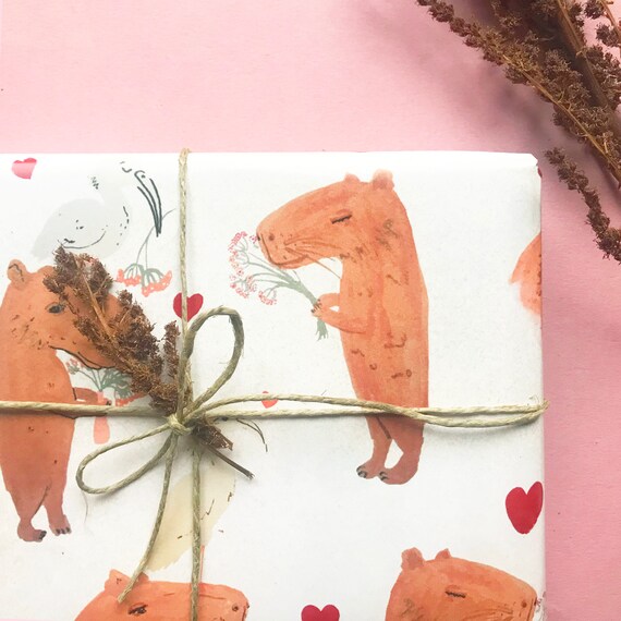 Printable Capybara gift wrap  + gift tags! Instant download wrapping paper & tags for valentines day