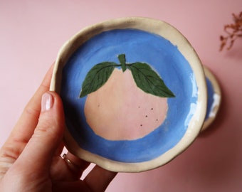 Handmade ceramic trinket dish, hand painted blue peach dish