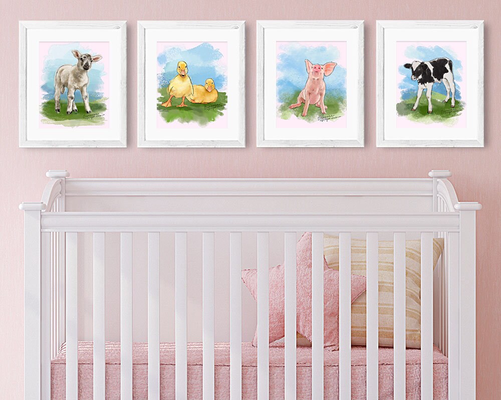 Nursery Farm Animal Wall Decor Set of 4 Prints for Girl Pink Etsy
