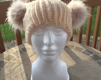 Women’s Crocheted Double Pom Pom Hat Cream Color