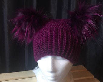 Women’s Crocheted Double Pom Pom Hat In Purple