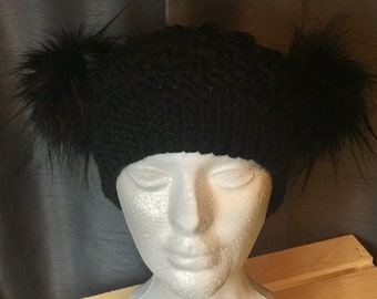 Women’s Hand Crocheted Double Pom Pom Hat In Black
