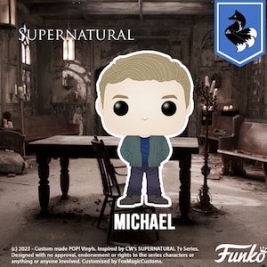 May include: A custom-made Funko Pop! vinyl figure of Michael from the TV series Supernatural. The figure is depicted in a blue jacket, blue jeans, and a black shirt. The figure is standing in front of a distressed wooden table and chairs in a room with a dark, gothic aesthetic.