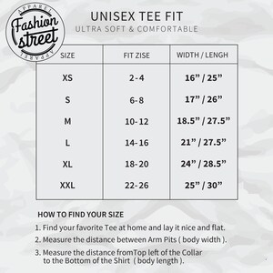 May include: Unisex tee fit size chart with measurements in inches. The chart shows the size, fit size, and width and length measurements for each size. The chart is on a white background with a camouflage pattern.