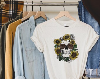 Solrosdödskalle-t-shirt, leoparddödskalleblomma-tröja, vintage-solrosskjorta, botanisk t-shirt, vildblomma-tröja, damt-shirts, boho, unisex