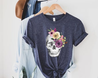 Boho Floral Skull Tee, Bohemian Shirt, Flower Shirt, Botanical Tshirt, Rebel Shirt, Sugar Skull Shirt, Women's Tees, Boho, Unisex shirt