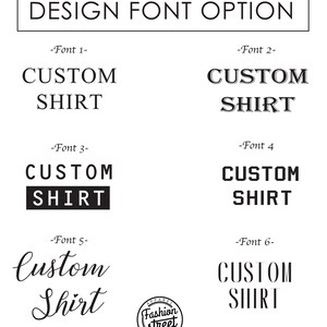 May include: Six different font options for the text "CUSTOM SHIRT" are displayed. The fonts range from simple and bold to cursive and decorative.