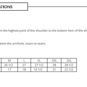 May include: Sizing chart for a shirt with measurements in inches for high point shoulder length and bust width. The chart includes sizes XS, S, M, L, XL, 2XL, and 3XL. A light blue shirt is shown on the right side of the chart.