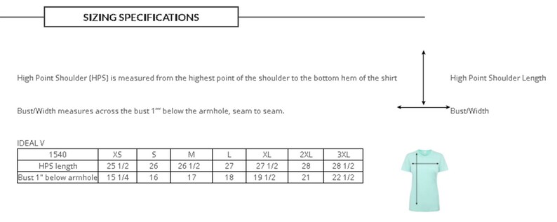 May include: Sizing chart for a shirt with measurements in inches for high point shoulder length and bust width. The chart includes sizes XS, S, M, L, XL, 2XL, and 3XL. A light blue shirt is shown on the right side of the chart.