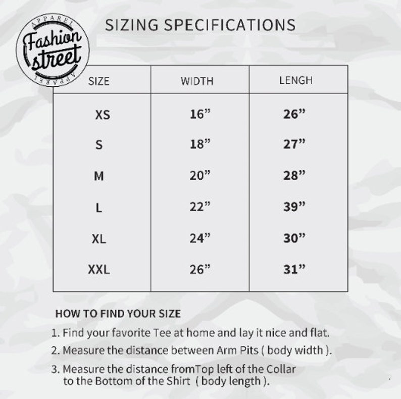 Puede incluir: Tabla de tallas para prendas de vestir con medidas en pulgadas. La tabla muestra las tallas XS a XXL con las medidas de ancho y largo correspondientes. Se incluyen instrucciones para encontrar tu talla.