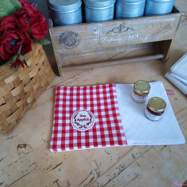 Petit Set de table décoratif  Broderie Anglais et Vichy  " Un Bon Appétit Champêtre "