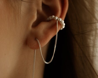 EAR CUFF no piercing with pearls, dangle ear cuffs coquette jewelry, sterling silver novelty earrings,  dainty jewelry, ear cuff chain