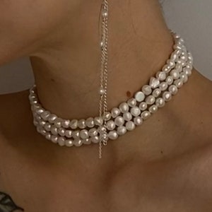 Layered Freshwater Pearl Choker Necklace, Sterling Silver Clasp, Bridal Jewelry