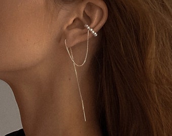 Silver ear cuff chain with pearls, dangle ear cuffs no piercing, cuff earrings, bridesmaid jewelry, fake ear cuff, wedding jewelry