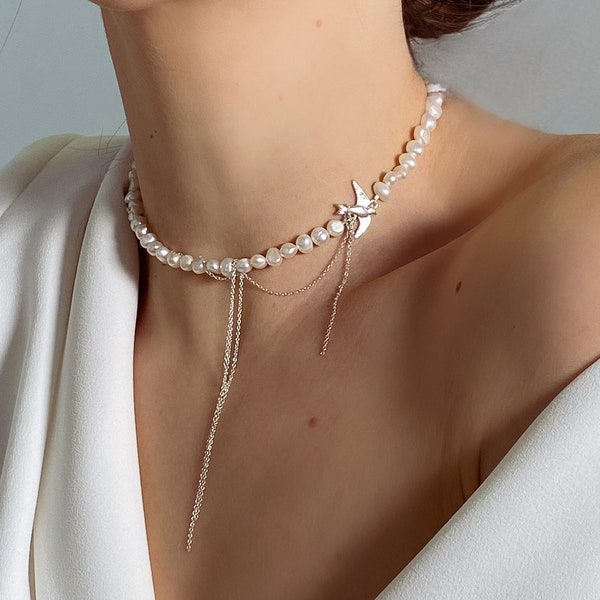 PEARL NECKLACE with a bird,  freshwater pearl choker necklace, Pearl Pendant Necklace, Dainty Pearl Choker, Bridal necklace