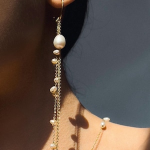 Gold tassel theader earrings, dangle earring, chain earrings dangle with  pearls, wedding jewelry