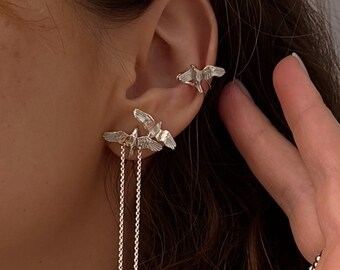 Hummingbird set of a Thread Earring and ear cuff no piercing,  Lucky bird  dangle Sterling Silver, Novelty earrings coquette jewelry
