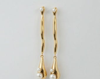 Skulpturale Goldperlen-Ohrringe, moderne Brauttropfenschmuck