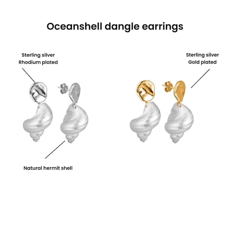 Pu&ograve; includere: Orecchini pendenti Oceanshell. Sono esposti due paia di orecchini. Un paio &egrave; in argento sterling, placcato rodio, e l'altro &egrave; in argento sterling, placcato oro. Entrambi i paia presentano un design a conchiglia naturale.
